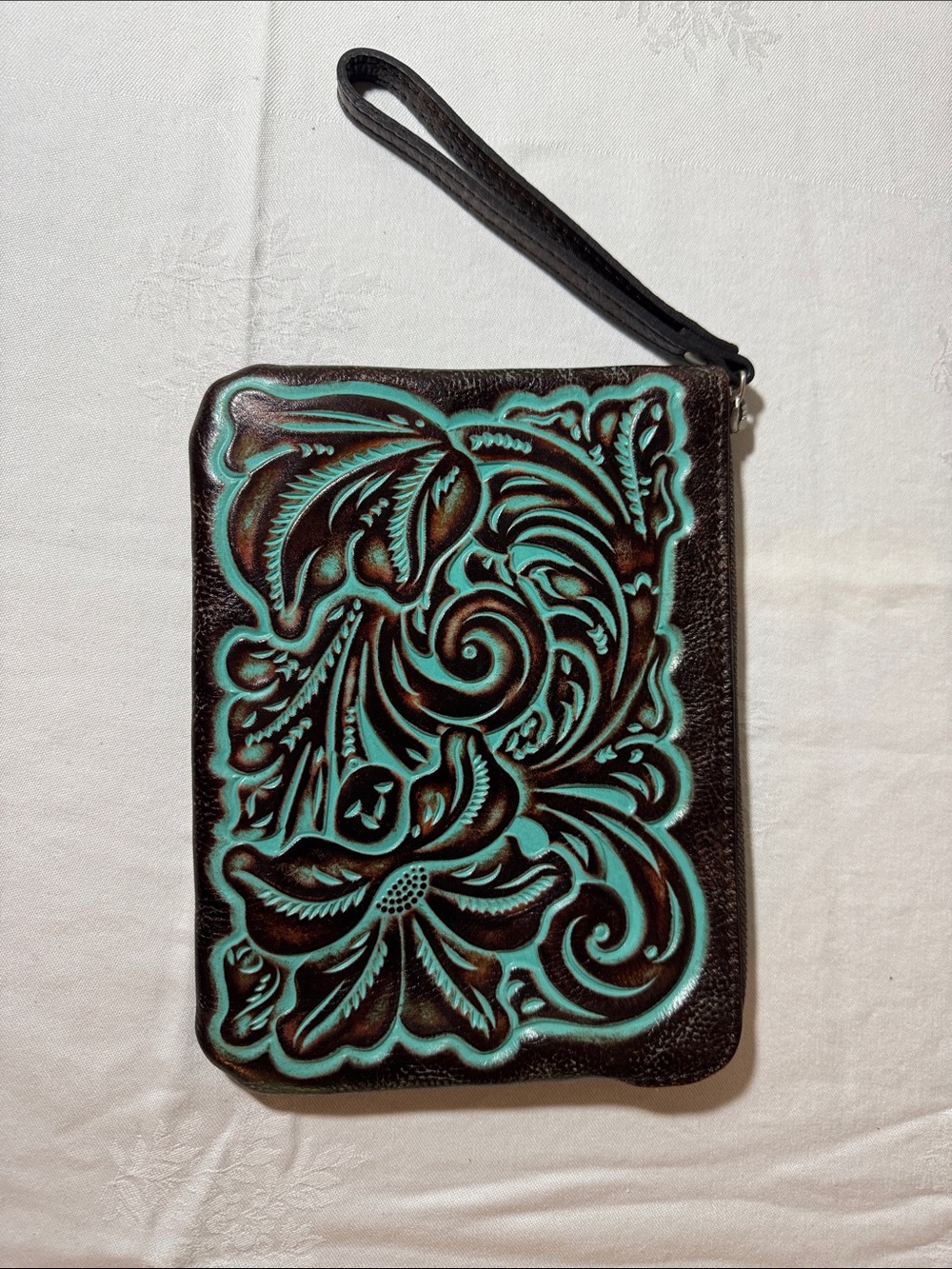 Patricia Nash Turquoise and Dark Brown Tooled Leather Wristlet